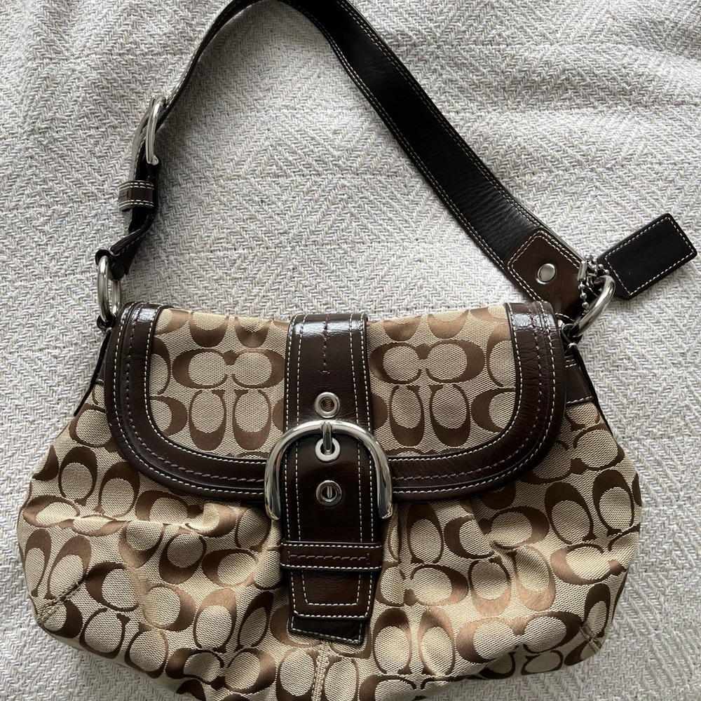 Coach Brown and Tan Shoulder Bag with Monogram Pattern